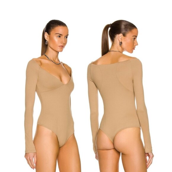 Alix NYC Jansen Bodysuit Womens Small Tan V-Neck One Piece Stretch Minimalist - Picture 9 of 14